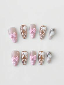 ROMWE Anime 10pcs Cute Bowknot Music Note Star Element High Quality Handmade False Nails + 3pcs Double-Sided Adhesive, Y2K French Style Rhinestone Chain Polka Dot Removable Nail Art Stickers, Suitable For Holidays, Parties, Dancing And Daily Wear - Multicolor - View 3