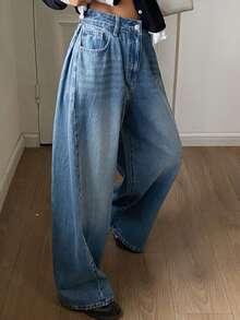 DAZY Quần jeans nữ ống rộng dáng suông, túi xéo, phong cách thường ngày, chất liệu denim mài, kiểu dáng Y2K. - Rửa tối - Xem 5