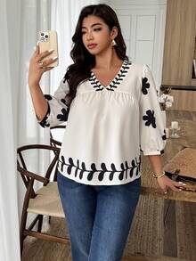 Weeklong Plus Size Women's V-Neck Floral Print Casual Vacation Shirt, Spring/Summer - Multicolor - View 5