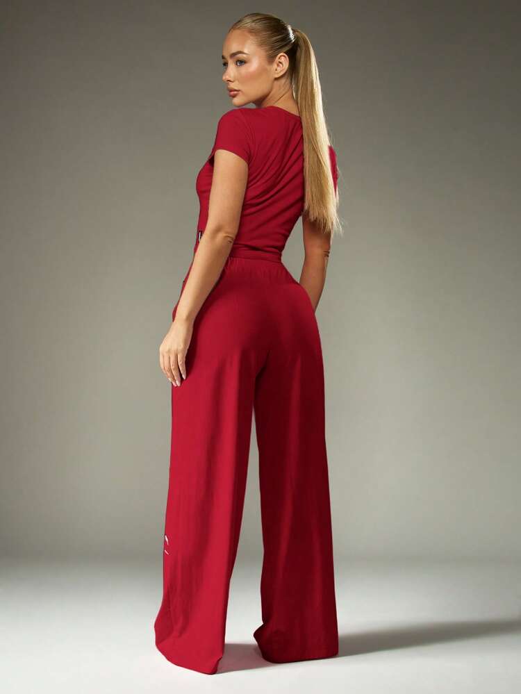 Missguided x Playboy Cozy Logo Bunny Pajama Set With Short Sleeve Crop Top And Wide Leg Drawstring Pants For Loungewear Sleepwear