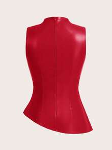 SHEIN Essnce Women's Casual Fashion 90s Street Shooting Spring Autumn Solid Color Pleated Collar PU Tank Top, Sleeveless Tops, Going Out Top, Fall Women Tops - Red - View 2