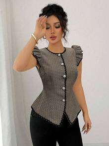 Elenzga 女士优雅撞色荷叶边拼接腰部系带衬衫，配以飘逸的荷叶袖，秋季款 - 彩色 - 查看 6