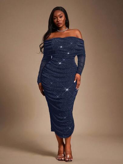 Radiana 大码女装秋冬春夏优雅华丽性感露肩褶皱网纱紧身连衣裙，适合舞会、晚宴、邮轮旅行、情人节等场合穿着