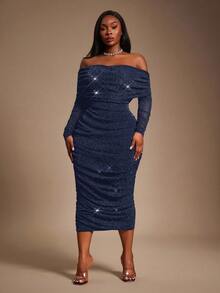 Radiana Gaun Bodycon Jala Berkerut Elegan, Cantik, Glamor, Seksi, dan Berbahu untuk Wanita Ukuran Plus, Cocok untuk Pesta Prom, Pesta Dansa, Liburan Kapal Pesiar, dan Hari Valentine - Navy Blue - View 6