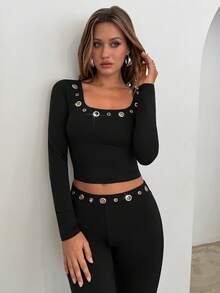 Aloruh Women's Solid Black Top And Pants 2 Pieces Set,Y2K Style Eyelets Rivets Decor Long Sleeve Crop Top,Black And Silver,Summer,Chic,Club Winter Outfits - Black - View 8
