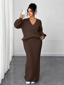 Elenzga 大码女式休闲V领宽松纽扣开衫和纯色半身裙两件套，适合日常、工作、通勤、秋冬季穿着。 - 咖啡棕 - 查看 6