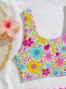 Young Girl' Cute Floral & Plaid Print 2 Pieces Swimsuit Pink Swimsuit Kid Flower Swimsuits Kids 2 Piece Reversible Swimsuit Kids Bikini Set Kids 2 Pc Bathing Suits Girl - Multicolor - View 4