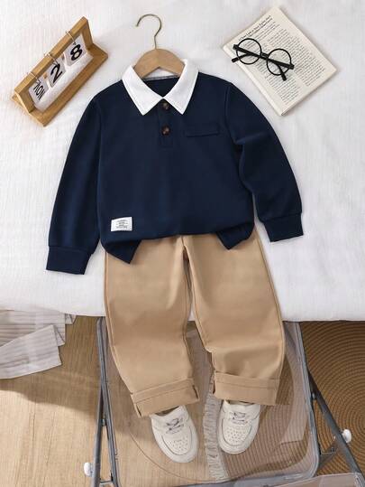 Genkimix Kids 两件套男童套装，儿童针织舒适条纹二合一卫衣，白色撞色领，时尚有型，搭配卡其色松紧腰宽松裤，适合秋冬季度假及日常穿着。