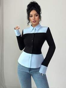 Elenzga 女针织高弹面料拼接梭织衬衫领插肩长袖撞色拼接收腰修身休闲通勤优雅套头衫，秋季 - 彩色 - 查看 3