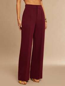 Silquee Celana Panjang Wanita Warna Burgundy Pinggang Tinggi Model Lurus, Celana Panjang Longgar Bergaris-garis Polos Elegan Musim Gugur untuk Makan Malam, Perjalanan, dan Acara Pernikahan - Burgundy - View 6