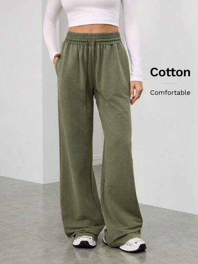 SHEIN Tall Black Snow-Washed Ladies Knitted Sweatpants Women's Green Knitted Fabric Wide Leg Pants With Pockets And Drawstring Long Length