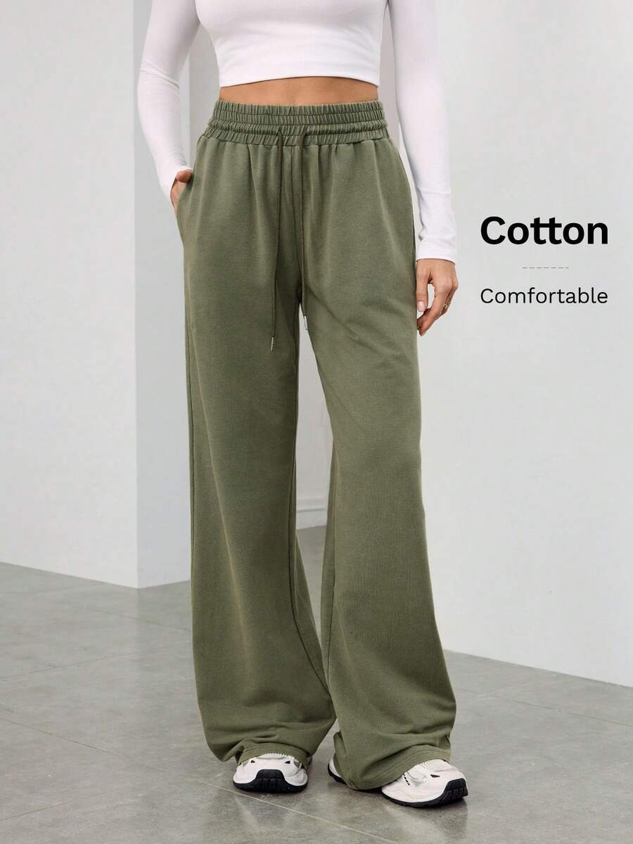 SHEIN Tall Black Snow-Washed Ladies Knitted Sweatpants Women's Green Knitted Fabric Wide Leg Pants With Pockets And Drawstring Long Length - Army Green - View 1