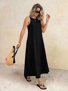 Vestido largo de cuello redondo casual para mujer, adecuado para uso diario y citas - Negro - Ver 3