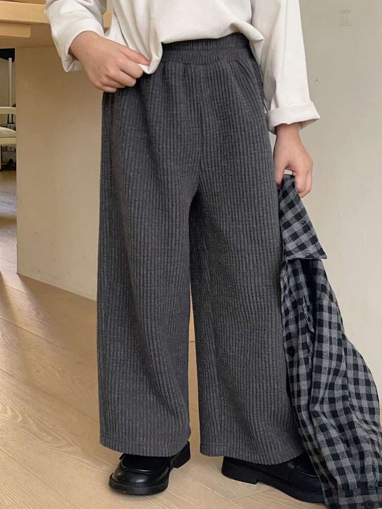 Young Boy Solid Color Elastic Waist Loose Wide Leg Casual Pants