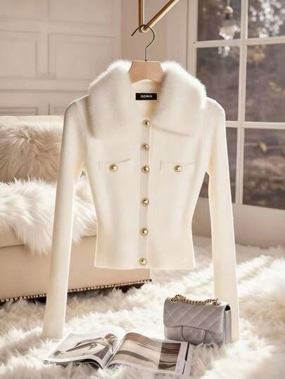 Franclia Women's Casual Ribbed Knit Funnel Neck Button Front Long Sleeve T-Shirt, Fitted Silhouette For Daily Commute & Outings, Autumn/Winter White Jacket For Women Cropped Jacket Crop Jackets For Women Luxury Clothes For Women White Blazer For Women