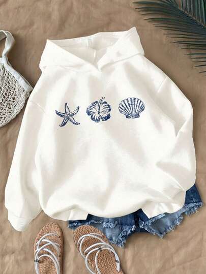 Travachic KIDS Travachic KIDS Vintage Beachside Casual Vacation Blue Starfish & Hibiscus Pattern, Tween Girls Graphic Hoodie Sweatshirt, Thick Warm Pullover For Autumn/Winter, Vacay Vibes, Miami Girl, Chill Chill, Autumn Outfits For Easy Comfort, Autumn Layers For Girls, Stylish Tween Girl, Casual Wear, Graphic Hoodie, Fall Clothes