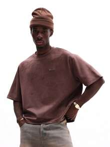 SUMWON Áo thun nam Box Fit cổ tròn in chữ Studios thêu ngực, tay ngắn, phong cách thường ngày, đường phố - màu nâu - Xem 2