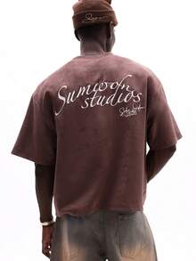 SUMWON Áo thun nam Box Fit cổ tròn in chữ Studios thêu ngực, tay ngắn, phong cách thường ngày, đường phố - màu nâu - Xem 5