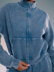 MUSERA Washed Zip Through Jacket Sweatshirt Tracksuit Seam Detail Back To School Autumn Winter Cosy Fall  Cute Casual Everyday Capsule Wardrobe Y2K Streetwear Spring - Teal Blue - View 7