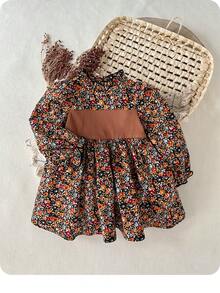 SHEIN 1 Paquete Vestido de peto casual y simple de estilo retro para bebé niña, de color caqui, con material de pana y estampado floral. Adecuado para fiestas de cumpleaños, fiestas de noche, actuaciones, bodas, bautizos y ceremonias de apertura. Adecuado para uso diario, escuela, viajes, otoño e invierno. - Caqui - Ver 4