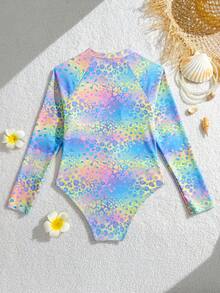 SHEIN 少女连体泳衣，渐变豹纹印花，拉链设计，长袖，易于穿脱，休闲泳装 - 彩色 - 查看 5
