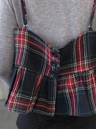 FRIFUL Chaqueta casual, versátil y holgada con tirantes a cuadros, cintura con empalme, pliegues delanteros y ribete de volantes, para otoño/invierno