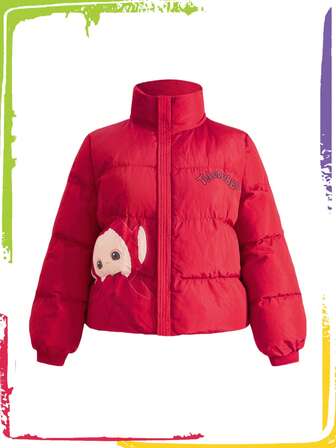 Teletubbies X ROMWE معطف مبطن بياقة عالية مع طباعة حرف وشكل كرتوني، مناسب للمقاسات الكبيرة، دافئ للشتاء