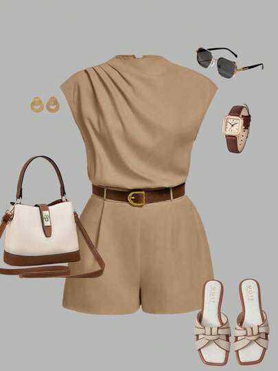 SHEIN MOD MONO DE MUJER TALLA GRANDE CON CUELLO ALTO, BOLSILLO SÓLIDO Y CINTURÓN