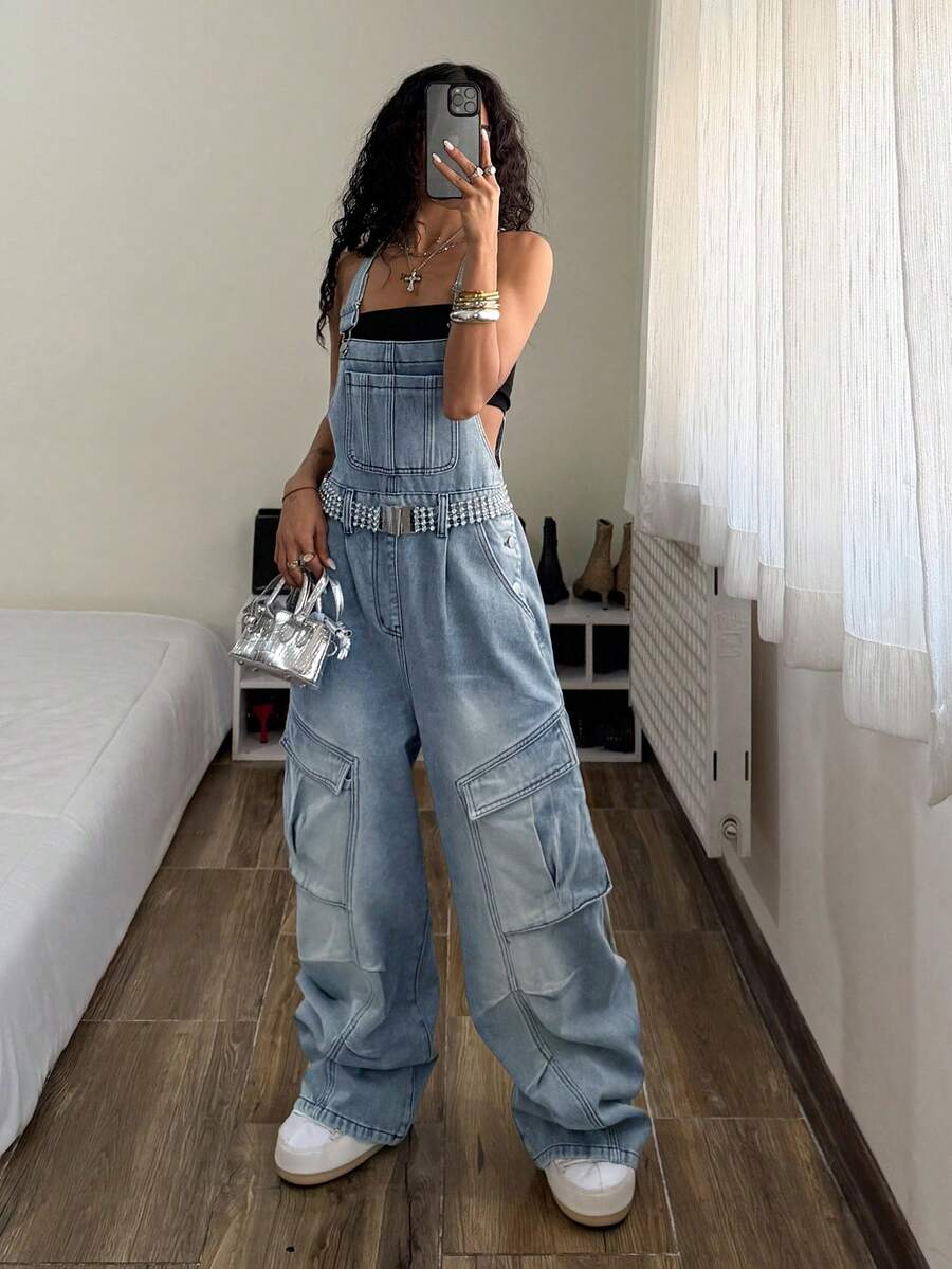 StreetHx Peto vaquero holgado de pierna ancha con bolsillos cargo para mujer - Azul - Ver 1