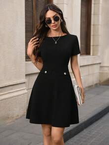 EMERY ROSE 女士纯色圆领优雅短袖迷你连衣裙