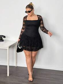 Truni Plus Size Women's Sheer Lace Long Sleeve Mini Dress, Lace Peplum Hem Mini Dress, Square Neck Detail Dress/Autumn /Winter - Black - View 3