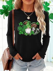 EMERY ROSE Camiseta casual de mujer con estampado de corazón de dibujos animados, otoño - Negro - Ver 1