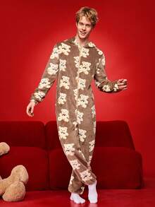 Autumn/Winter Plush Cute Bear Men's Fluffy Sleep Jumpsuit - Multicolor - View 4