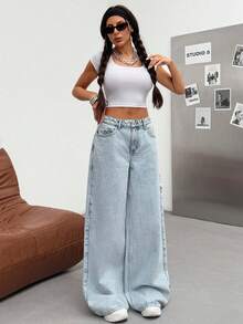 SHEIN Tall Tall Low Waist Snow Wash Wideleg Jean - Light Wash - View 6