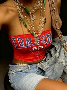 Rovax Women's Sexy Letter Print Cropped Tube Top, Summer - Red - View 4