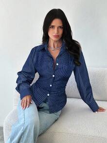 Firerie Women's Blue & White Striped Long Sleeve Shirt, Tie-Waist Blouse, Casual Commuter Shirt, Vacation Shirt, Cinched Waist Striped Shirt, Suitable For Spring, Summer, Autumn, Winter, Elegant, Vacation, Bohemian, Work Attire Buisness Casual Women Shirts Office Shirts For Women Blue Striped Shirt - Navy Blue - View 3
