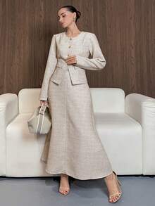 DAZY 女士优雅金属纽扣装饰开衫外套和A字裙两件套，适合新年、圣诞节、婚礼、派对等场合。 - 卡其色 - 查看 13