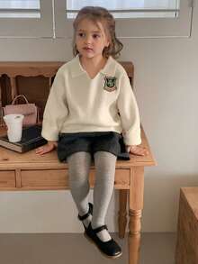 DAZY Young Girl Letter Graphic Turndown Collar Drop Shoulder Long Sleeve Casual Sweater, Autumn/Winter - Apricot - View 2