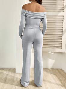 SHEIN Maternity Clothes Maternity Co Ord Set  Spring And Summer  Pregnant Clothes Grey Maternity Set: Off-The-Shoulder Top + Flared Pants In A Comfortable And Casual Knit - Light Grey - View 2