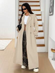 SHEIN EZwear Áo gió dài dệt màu mơ cho nữ - Màu be - Xem 4