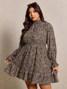 Elaquor Plus Size Casual Ditsy Floral Stand Collar Dress, Autumn Plus Size Boho Dress Ditsy Floral Dress Plus Size Winter Dresses, Casual Outfits For Women - Multicolor - View 3