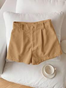 Comfortcana 女士休闲纯色灯芯绒短裤 - 駝色 - 查看 5