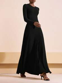 Zivah Women Elegant Black Long Sleeve Dress For Autumn,Brushed Striped Knitted Round Neck Large Swing Back Tie,Versatile Dinner Date Wedding Guest Outfits - Black - View 4