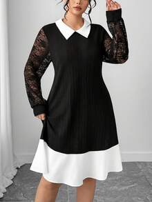 SHEIN Elenzya Vestido elegante de manga larga con bloque de color y parches de encaje para tallas grandes - Negro - Ver 3