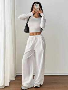 SHEIN PETITE Women's Summer Country Concert Going Out Boho Beach Vacation Outfits Basic Minimalist Washed 100%Cotton White Pants Curved Hem Pants,Fall Women Clothes White Wide Leg Pants Women