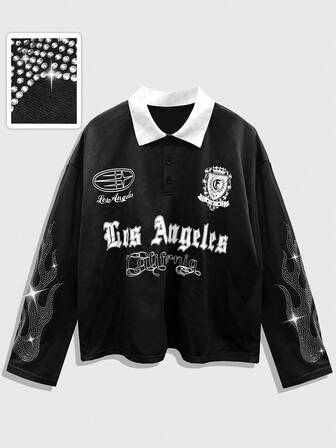 Polo à manches longues décontracté pour hommes avec lettres et strass, automne