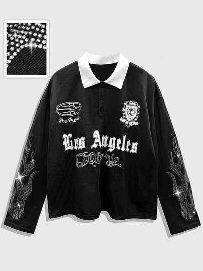 قميص بولو كاجوال للرجال بأكمام طويلة مزين برسومات حرفية من الراين، خريفي