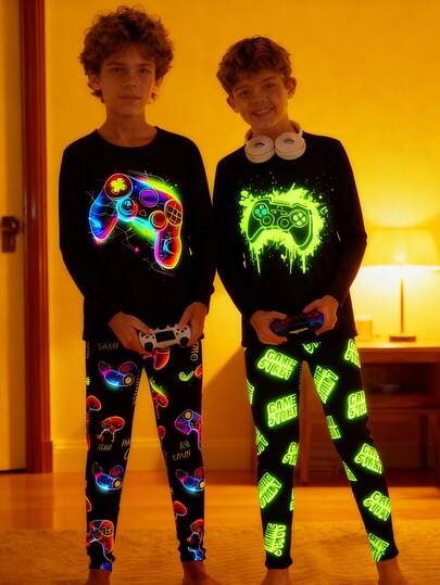 SHEIN 4pcs/Set Tween Boy Snug Fit Glow-In-The-Dark Game Controller Graphic Crew Neck Long Sleeve Top And Pants Casual Comfortable Pajama Set, Buy 1 Get 1 Free