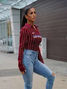 SAYEHFBABY 女士秋季音乐会狂欢节外出街头服饰 Y2K 复古图案酒红色翻领长袖 T 恤 - 酒紅色 - 查看 6