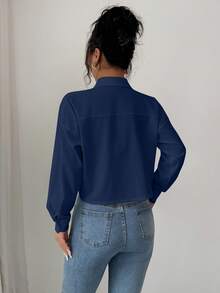 Elenzga بلوزة نسائية بأكمام طويلة وياقة مستديرة وأكتاف منسدلة - أزرق غامق - مشاهدة 2
